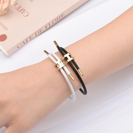 Hothink H Bracelets for Women,H Bangle and H Wire Rope Bracelet Set,Dainty Gold Bracelets Set for Christmas Mothers Day Gifts for Women (Black and White Rope Bracelet)