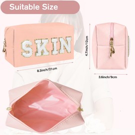Preppy Patch Makeup Bag,Travel Cosmetic Bags PU Leather Portable Waterproof Toiletry Storage Case with Chenille Letter Zipper Daily Use Pouch for Women,Pink Skin