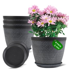 Quarut 4 Pack 6 Inch Flower Pots Planters for Outdoor Indoor, Plastic Plant Pots with Drainage Hole & Tray, Modern Decorative Garden Pot with Saucer, planters for House (Gray)