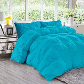 Boxoy Art Luxury Soft Turquoise Blue 5 Pieces Pinch Pleated Super King Duvet Cover Set (Duvet Cover + 4 Pillow Cases) 1200 Series Egyptian Cotton Duvet Insert