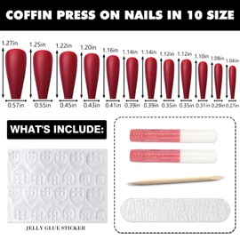 AddFavor Long Coffin Press on Nails Dark Red Fake Nails Full Cover Matte Ballerina Acrylic False Nail for Women, 240pc Dark Red Nails with Nail Glue Adhesive Tabs File Tools