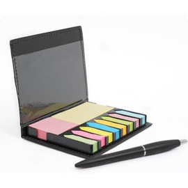 Kit Porta Notas Adhesivas con Estuche de Curpiel | Organizador de Escritorio para Oficina, Escuela o Trabajo | Incluye Pluma, Notas Adheribles y Separadores de Colores | Compacto y Resistente