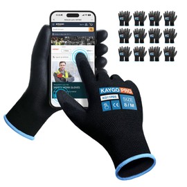 KAYGO Work Gloves PU Coated 12 Pairs Touchscreen, KG11PBE, Safety Working Gloves with Secure Grip on Palm & Fingers, for Men and Women, Ideal for General Duty Work, Gardening (Medium, Black)