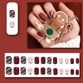 Aucenix Christmas Short Oval Press On Nails Cute Gel Nail Kit, Polish-Free Color Manicure with Prep Pad, Mini Nail File, Cuticle Stick, adhesive tabs for Party, Playing (Christmas-C)