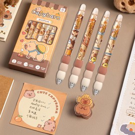 Capybara Ballpoint Pens with Eraser Feature 4-Pack, Capybara Theme Gel Ink Pens - 0.5mm Fine Point Black Ink - Cute Animal Design Gift Set