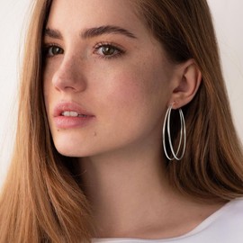 OOOPEL Large Thin Sterling Silver Double Hoop Earrings for Women Lightweight Hypoallergenic S925 Post Large Hoop Earrings Non Tarnish Layered Big Thin Silver Hoops