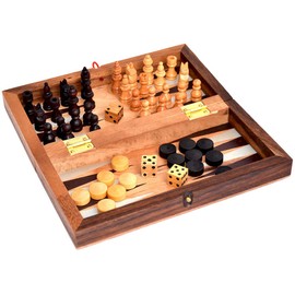 Backgammon Chess and Colour Checker Box, Medium, Puzzle Wood Game Collection, Medium with Dice Game, Backgammon, Strategy Games, Lady and Chess
