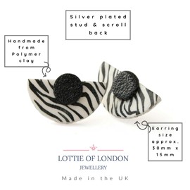 Zebra Print Stud Earrings for Women in Black & White, Modern Animal Print Statement Jewellery Gifts for Her