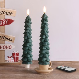 Eywamage Green Christmas Tree Candles with Remote, Real Wax Flickering Flameless LED Taper Candles Set of 2