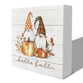 YQDEJ Fall Gnomes Decor, Fall Wooden Signs, Rustic Fall Gnomes Pumpkin Autumn Harvest Thanksgiving Wooden Box Sign for Desk Table Shelf Decor, Fall Signs for Home Decor, 5x5 Inches