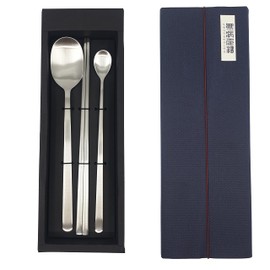Korean Chopsticks Spoon 1 Set - METAL STAINLESS STEEL and long spoon (Square-Silver 1Set)
