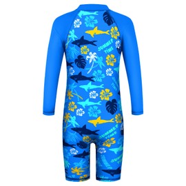 TFJH E Boys Long Sleeve Swimwear One Piece Bathing Suits UV 50+ Rash Guard Swimsuits Navy Flower 152/158