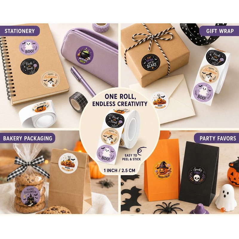Halloween Stickers Roll 1000pcs, 2.5cm Round, 12 Spooky Patterns