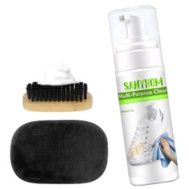 SANYHOM Shoe Cleaner Kit includes Cleaner Foam, Shoe Polish Glove, Shoe Brushes for sneakers, including white shoes and red, blue, and black ones.