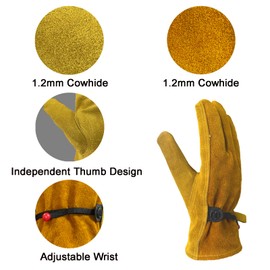 AOUCHI Leather Work Gloves for Men Women with Cotton Lining, Large Thorn Proof Cactus Gardening Yard Work Gloves for Rose Pruning, Heavy Duty TIG/MIG Welding, Construction, Large