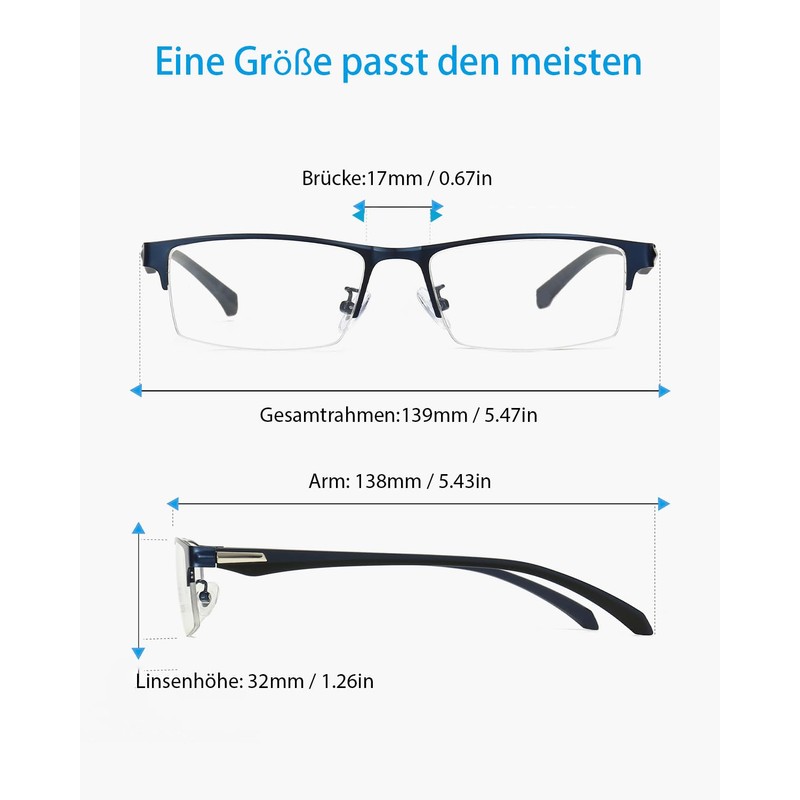ANRRI Blue Light Glasses Men Half Round Rectangle Metal Frame