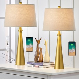 Oneach 3-Way Dimmable Touch Control Modern USB Table Lamp Set of 2 for Living Room Bedroom Bedside Nightstand Lamps Fabric Shade 25.8" Vintage Accent Light Gold Antique Brass