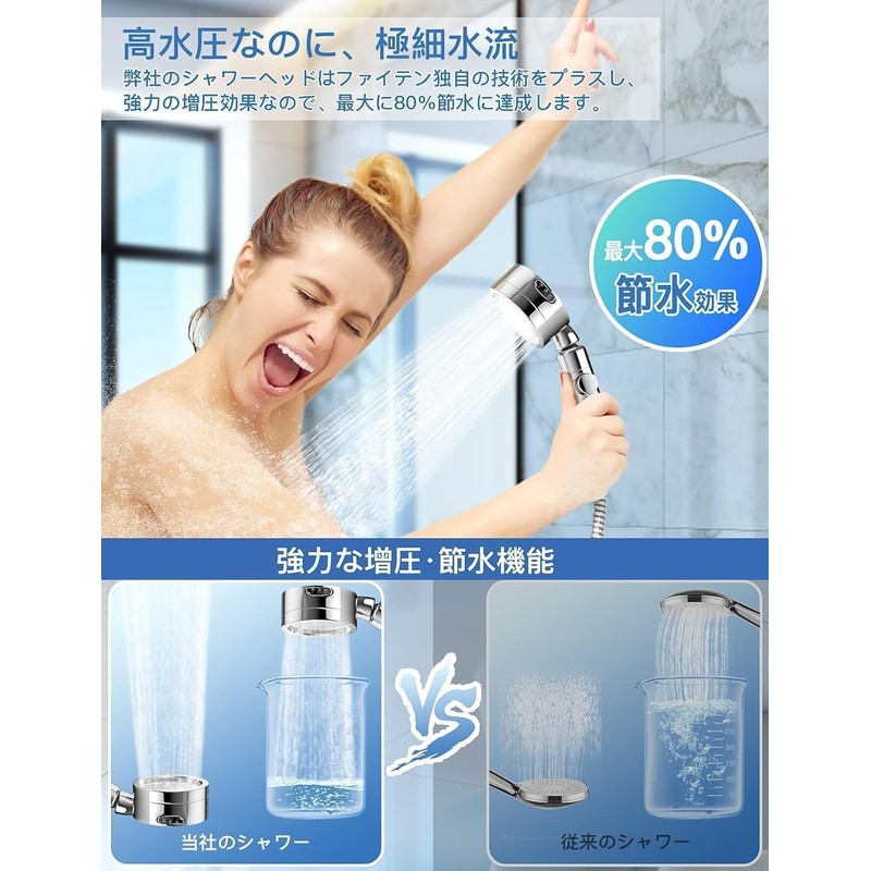 シャワーヘッド 増圧 80%節水シャワープロ 浄水 塩素除去 極細水流 しゃわーへっど 高水圧 角度調整 3階段モード