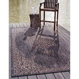 Unique Loom Traditional Classic Medallion Transitional Indoor and Outdoor Flatweave Runner Rug_OTD001, 4 x 6 Feet, Charcoal Gray/Beige