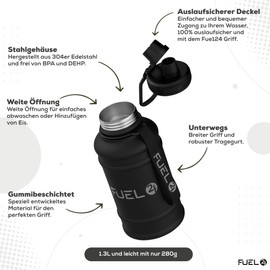Fuel24 Stainless Steel Jug - 1.3 or 2.2 Litre Water Bottle - Extra Strong BPA Free Leak Proof - Large Sports Bottle, 1.3L, 2.2L, Metal Bottle - Colour Options