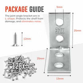 Angle Brackets Corner Bracket for Wood 32 Pcs | 25mm x 25mm x 13mm | Galvanised Steel Brackets with 128 Screws for Fixing and Repairing Furniture, Shelves, Windows and Cabinets