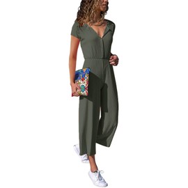 Cassiecy Jumpsuit Ladies Elegant Long Sleeve Playsuit V-Neck Casual Loose Overalls Long Romper - Green, size: m