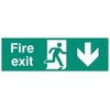 Sign, emergency exit bottom, Sav, outer height 150 mm, outer width 450 mm, sign colour white on green, sign legend fire exit arrow down, sign material vinyl, sign type emergency exit,