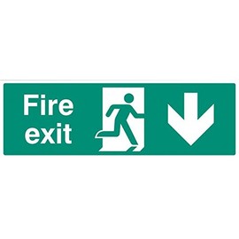 Sign, emergency exit bottom, Sav, outer height 150 mm, outer width 450 mm, sign colour white on green, sign legend fire exit arrow down, sign material vinyl, sign type emergency exit,