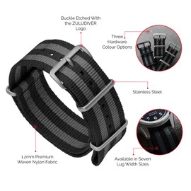 ZULUDIVER Classic Bond 1973 British Military Cadet. Black and Grey Nylon Mens Replacement Watch Strap. Rugged, Quick-Drying and Secure Wristwatch Strap for Outdoor Activities. Polished Buckle, 19 mm
