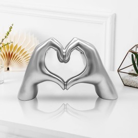Heart Hands Sculpture Decor, Love Finger Statue Modern, Hand Love Gesture Sculpture, Heart Hands Statue Desktop Ornaments, Heart Finger Statue Room Decoration for Shelf (Silver)
