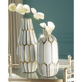 Signature Design by Ashley Mohsen Honeycomb Ceramic 2 Piece Bottle Neck Vase Set, White & Gold