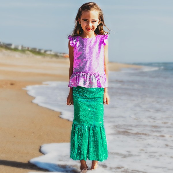 Butterfly Craze Little Girl's Mermaid Costume, Top/Dress with Skirt - Perfect for Birthday Parties, Halloween, School Fairs or Pretend-Play or Dress-Up, Purple Top, Deep Green Skirt, Large (5-6yrs)