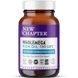 New Chapter Wholemega Fish Oil Supplement - Wild Alaskan Salmon Oil with Omega-3 + Vitamin D3 + Astaxanthin + Sustainably Caught - 90 ct Tiny Caps, 500mg Softgels