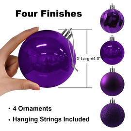 GameXcel 4Pcs Christmas Balls Ornaments for Xmas Tree - Shatterproof Christmas Tree Decorations Large Hanging Ball Purple 4.0" x 4 Pack