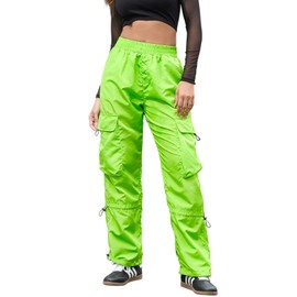 Perfashion Baggy Cargo Pants Women Parachute Pant Green Nylon Loose Rave 80s 90s Outfits Jogger L
