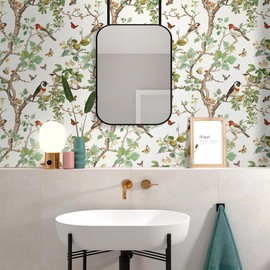 Nukofal Vintage Bird Peel and Stick Wallpaper Floral Bird Contact Paper 16.9inch x 118.1inch Leaf Floral Wallpaper Peel and Stick Boho Self Adhesive Removable Wall Paper for Bathroom Wall Decorative