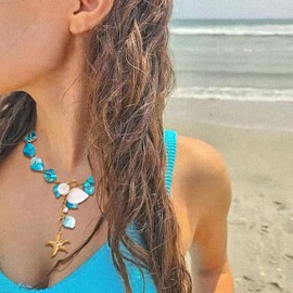 BriLove Boho Freshwater Cultured Pearl Shell Starfish Irregular Turquoise Strand Choker Pendant Necklace for Women Beach Summer Trendy Jewelry Blue Gold-Tone