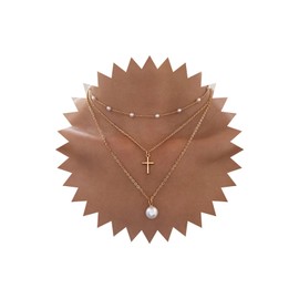 Wendalern Layered Pearl Gold Necklace for Women Cross Faux Pearl Pendant Necklace Layering Pearl Chain Choker Necklace Tiny Cross Pearl Drop Necklace Bridal Wedding Jewelry