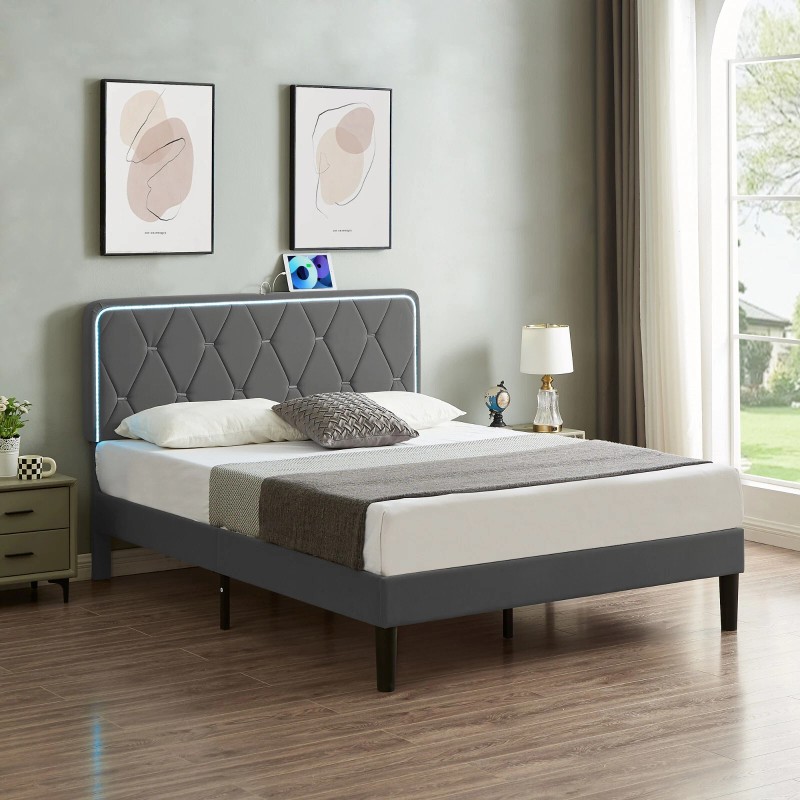 Vecelo LED Light Queen Full Twin Bed Frame with USB