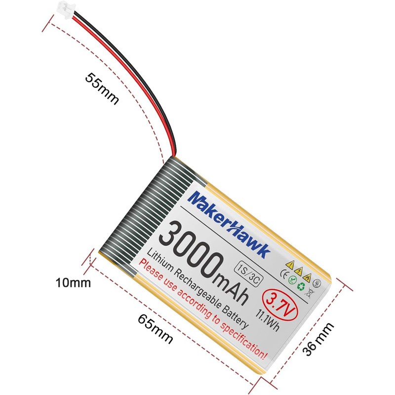 MakerHawk 3.7V 3000mAh LiPo Battery Rechargeable 1S 3C Lithium Polymer