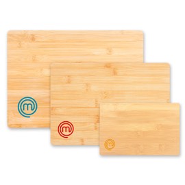MasterChef Cutting Boards for Kitchen, Bamboo Chopping Board Set of 3, Organic Food Safe Surfaces for Preparing & Serving Meat, Cheese etc, Large, Medium & Small Wooden Boards with Color Coded Logos