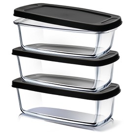 EATEX Glass Bread Pans for Homemade Bread Baking, 1.9 Quart Deep Rectangular Glass Food Storage Containers with Lids, 3 Bread Loaf Pans 3 Airtight Lids Black BPA Free Microwave Oven & Freezer Safe