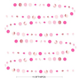 46Ft Hot Pink Rose Gold Circle Dots Garland Party Decorations Metallic Rose Gold Pink Hanging Paper Polka Dots Streamer for Girls Birthday Wedding Bridal Baby Shower Bachelorette Anniversary Decor