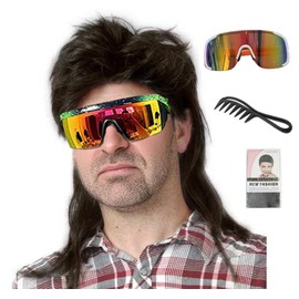 ByouByou Men's 80s Mullet Wig Set, Long Rocker Mullet Wig with Bangs, Synthetic Hair Wig, Ideal for Halloween Costumes, Cosplay & Retro Parties (Black)