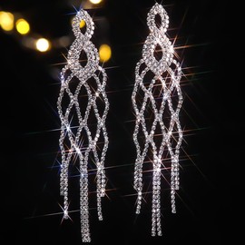 Octwine Women Silver Purple Statement Rhinestone Long Earrings Sparkly Tassels Rhinestones Chandelier Dangle Drop Earrings Bridal Wedding Party Prom Earrings Teardrop Dangle Earrings for Women, Large,