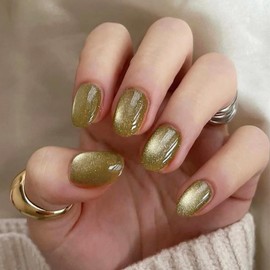 Short Oval Press on Nails Light Yellow ake Nails with Glitter & Gradient Design Full Cover Glossy False Nails Reusable Stick on Nails Cute Acrylic Nails Artificial Nails for Women and Girls