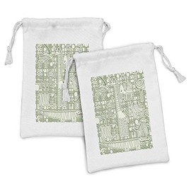 Ambesonne Ostrich Fabric Pouch Set of 2, Hippo Cheetah Pelican Giraffe in Fractal Outline Print, Small Drawstring Bag for Toiletries Masks and Favors, 9" x 6", Fern Green and Cream