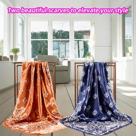 GoldenLife 35” Large Square Satin Head Scarf - 2Pcs Satin Hair Scarf Silk Bandana Head Wraps For Women (Coffee & Navy blue)