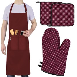 LEFUNDA® 3-in-1 Kitchen Set with Cooking Apron, Oven Mitts, Pot Holders, Adjustable Grill Apron with 3 Pockets for Kitchen, Cooking, Restaurant, Cafe