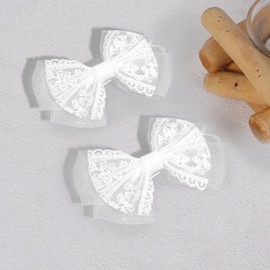 White Mesh Lace Hair Bow Clips Girls 4" Lace Fabric Bowknot Barrettes Alligator Hairpins for Flower Girl Kids Teens Toddler Bride Wedding Communion Pageant Party Dress Accessories Gift